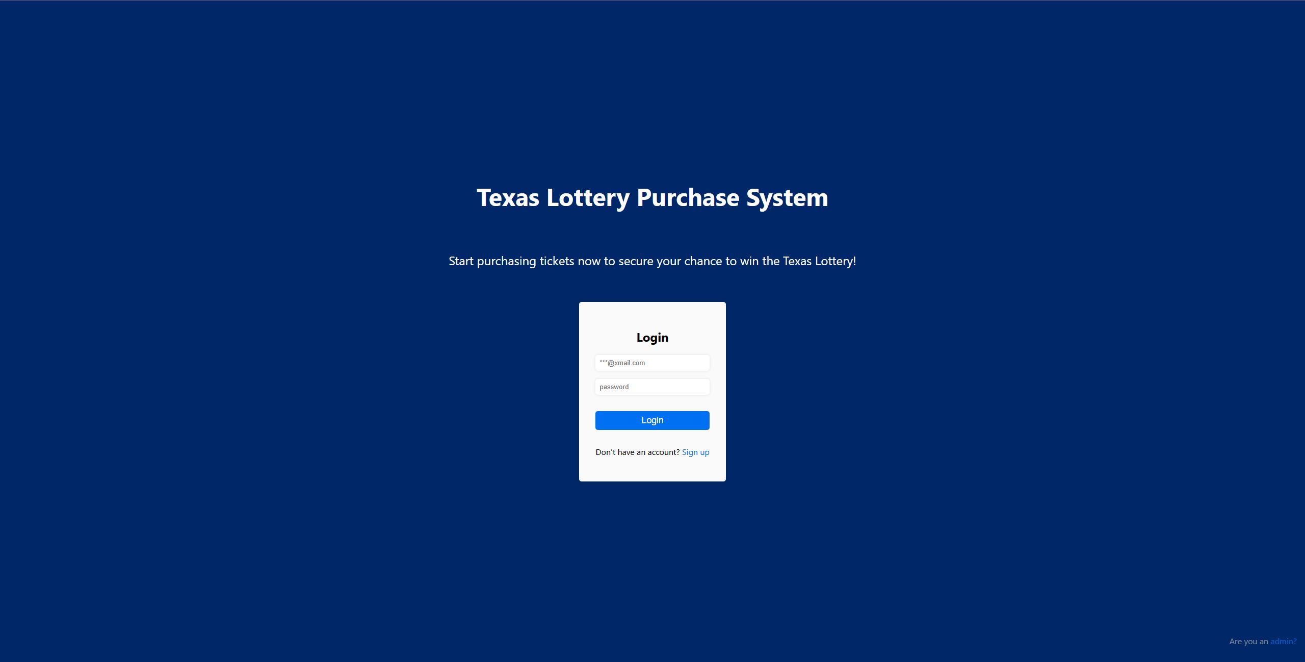 Login screen for the Lottery Purchase System project.